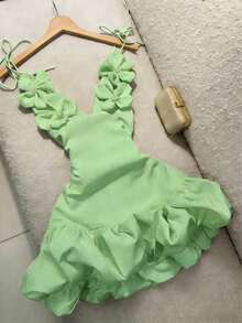 Vestido de cóctel para fiesta de San Valentín, vestido abullonado, vestido mini elegante con tirantes de flores 3D - verde menta - Ver 2