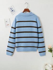 Women's Winter Top,Colorblock Striped Long Sleeves Collared Sweater,Knit Pullover For Casual Daily Street Wear,Preppy Style Back-To-School Outfits - Blue - View 2