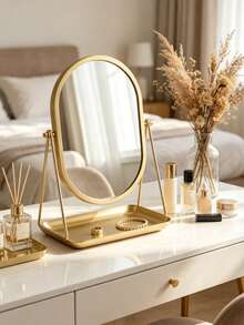 Macaron Color Desktop Makeup Mirror With Metal Stand And Jewelry Storage Tray, 90° Adjustable Makeup Mirror, Portable Makeup Mirror, Suitable For Bedroom, Dorm, Office And Travel, Minimalist Room Decor, Back To School And Christmas Gift - Multicolor - View 3
