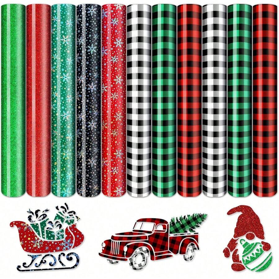 11pcs Christmas Heat Transfer Vinyl Set - Holiday Buffalo Plaid & Holographic Snowflake Heat Transfer Vinyl, 12x10 Inch Multi-Color Iron-On Transfer Film - Christmas - View 1