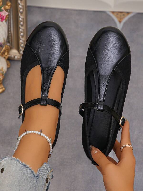 Women's Buckle Patchwork Comfortable Soft Sole Slip-On Flat Loafers, Elegant Style, Autumn Daily Wear, Office, Black Shoes