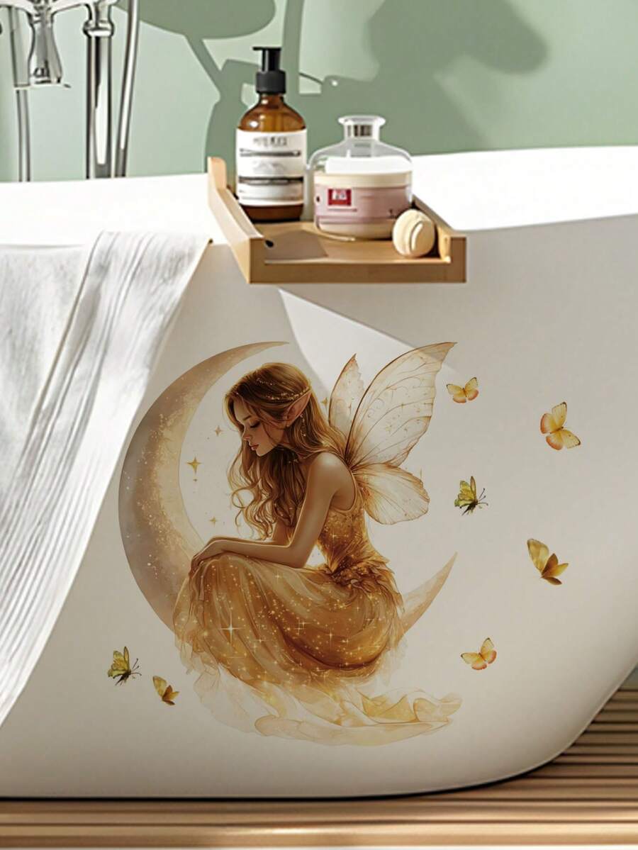 1pc Healing Fairy Tale Style Toilet Decor Sticker, Forest Flower Fairy/Moonlight Fairy Design, Waterproof Removable Bathroom Wall DIY Renovation Style Sticker - Wall Stickers - View 1