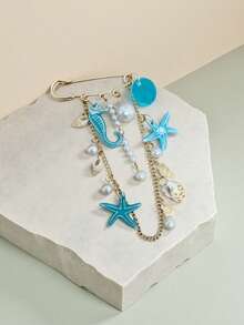 1pc Bohemian Ocean Vacation Style Brooch, Ocean Creature Acrylic Seahorse & Starfish Pendant With Faux Pearl And Shell Charm, Multi-Purpose Pin Brooch For Women - Multicolor - View 6