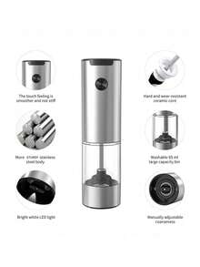 CLITON 電動鹽與胡椒研磨器 2 件組，電池驅動自動鹽胡椒研磨瓶，附 LED 燈，單手操作，可填充設計 & 可調節研磨粗細，電子香料研磨器，適用於廚房、用餐、戶外露營 - 銀色 - 查看 4