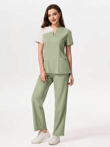 TaskEZ Medical Pajama Uniform Set With Short Sleeve V-Neck Top And Contrasting Pants - 綠色 - 查看 1