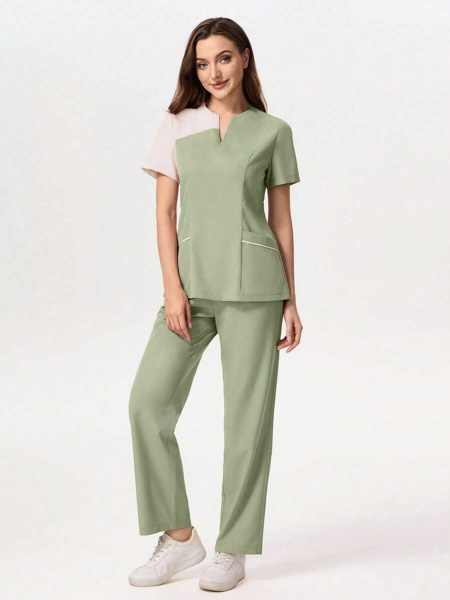 TaskEZ Medical Pajama Uniform Set With Short Sleeve V-Neck Top And Contrasting Pants - 綠色 - 查看 1