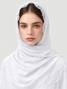 1pc Solid Color Chiffon Women's Headscarf, Fashion New Style Lace Eyelash Trim Decor - Multicolor - View 4