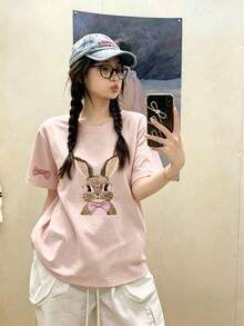 Atasan Wanita Gaya Gen Z Musim Panas Terbaru, Kaos Lengan Pendek Leher Bulat Motif Kelinci Lucu Warna Pink Kasual - Berwarna merah muda - View 4