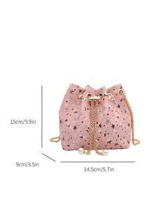 Mini New Fashion Straw Woven Gold Chain Drawstring Bucket Bag Beach Bag - Pink - View 3
