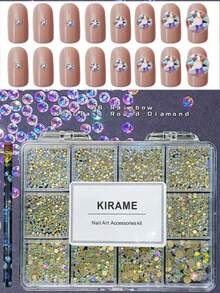 KIRAME 3000顆美甲平底AB極光圓形水鑽，超閃亮1.3-6.4mm美甲裝飾套組附1支點花筆，DIY居家美甲、美甲沙龍、美甲配件、美甲用品、美甲飾品、夏季與旅行美甲、節慶美甲 - 彩色 - 查看 7