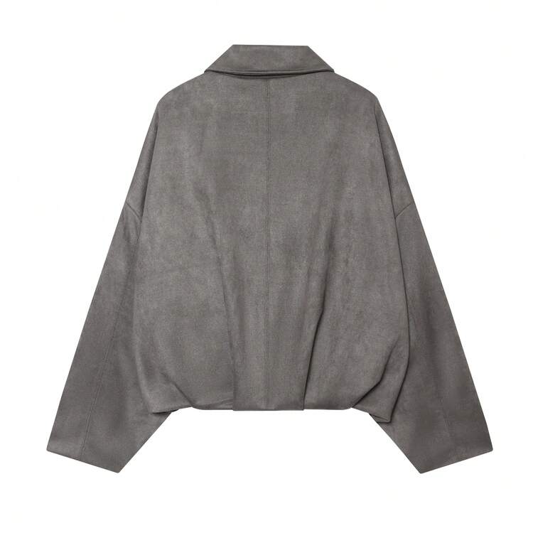 Women's Regular Fit Faux Suede Long Sleeve Single-Breasted Loose Casual Jacket, Suitable For Spring Wear - Grey - View 5