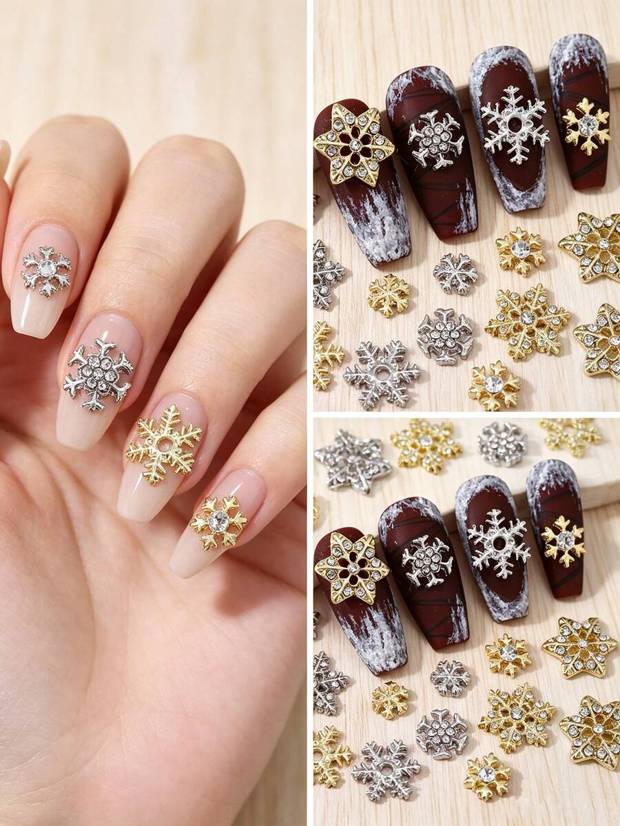 30 Stück/Box Punk-Stil Legierung Schneeflocken Nagelkunst Dekoration, Europäischer & Amerikanischer Stil 3D Strass Glitzer Schneeflocken Nagelsteine, Y2K Strass Kunstnägel Nagelkunst Zubehör, Multifunktionale DIY Dekorationszubehör, Sommer Nagelkunst Zubehör Nagelcharms - Verschiedenfarbig - Übersicht 1