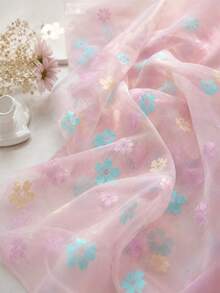 Tessuto in tulle con stampa a fiori di ciliegio multicolore su base rosa, 50cm/1yd/3yd/5yd, tessuto in rete semitrasparente, larghezza 150cm, tessuto estivo per fai da te, adatto per abiti, top halter, veli e tende - 1 - Visualizzare 4