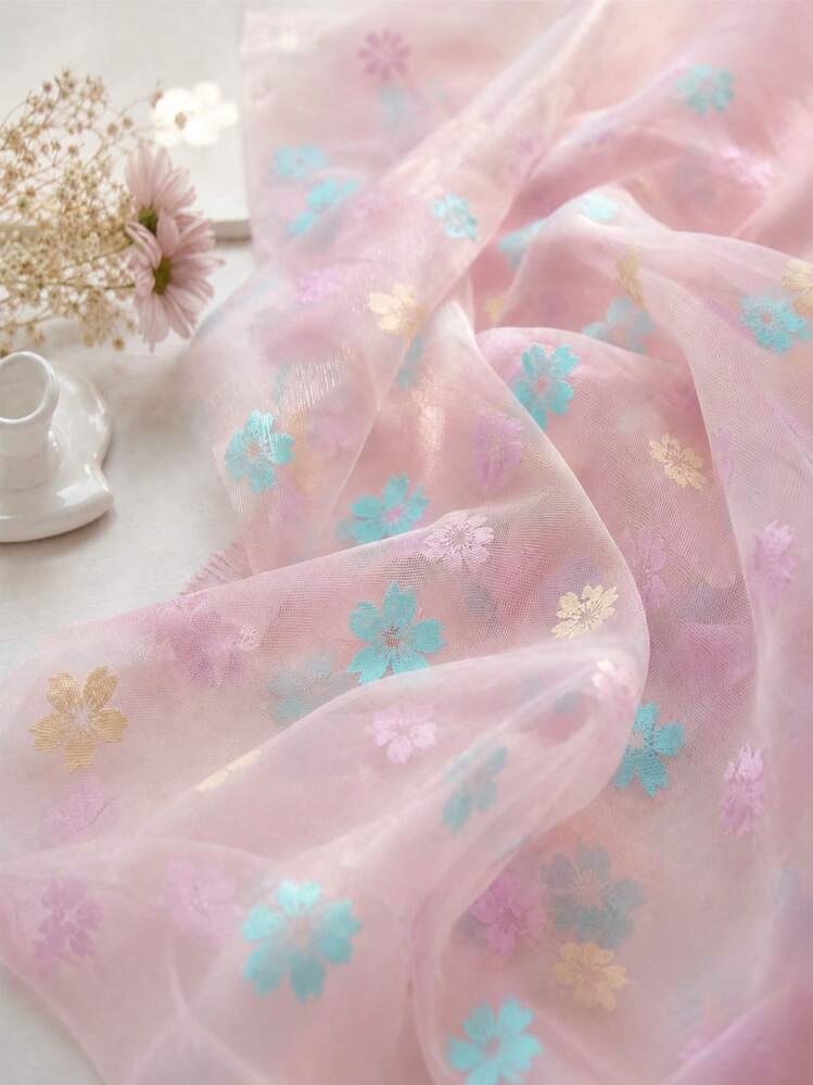 HHMC 50cm/1碼/3碼/5碼 粉色底多彩櫻花印花薄紗布料，半透明網格布，150cm寬夏季DIY紡織品，適用於洋裝、掛脖上衣、面紗和窗簾 - 1 - 查看 4