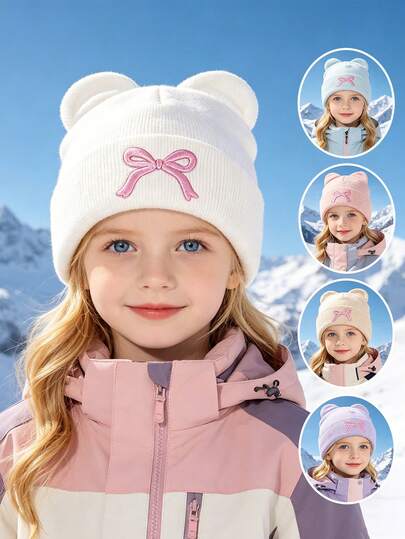 1PC Girls Bear Ears Knit Beanie Hat, Warm Soft Winter Cuffed Skull Cap With Pink Bow Embroidery For Kids School, Snow Play & Outdoor Activities