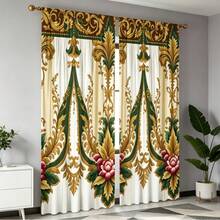 Amerikanischer Stil 2er/Set, luxuriöse goldgrüne Blumenmuster Vorhänge, bedruckte Polyester Vorhänge, geeignet für Wohnzimmer, halbtransparent maschinenwaschbar, Vorhänge mit Stangendurchzug, ungefütterter Stoff, geeignet für alle Jahreszeiten - Verschiedenfarbig - Übersicht 3