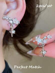 2pcs Fashion Sweet Cool Style Cross Star Copper Rhinestone Multi-Color Pendant Ear Clips, Suitable For Women's Daily, Party, Date, Music Festival Matching - Baby's Breath - View 30