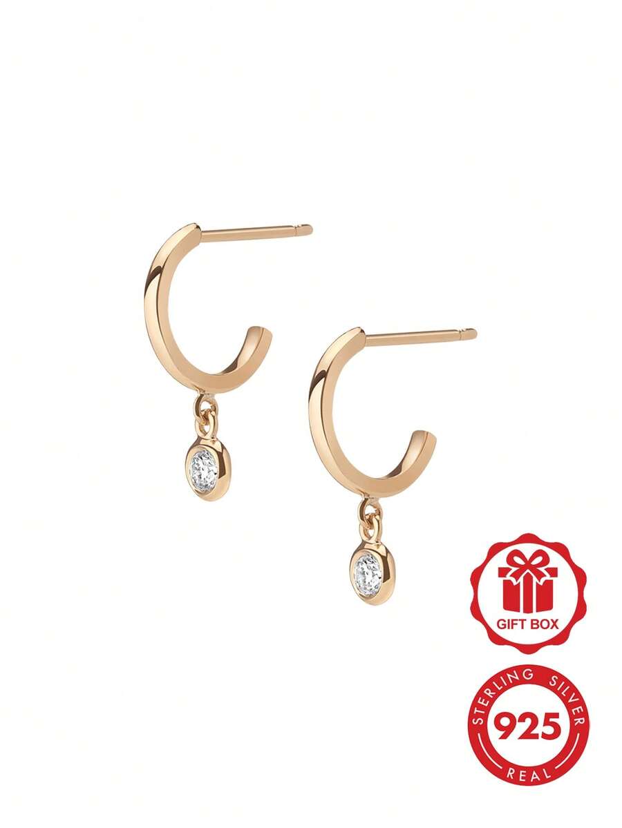Ewell Jewellery 轻奢 925 纯银镀 18k 金圆形锆石吊坠耳钉,适合女孩日常佩戴 - Zircon Dangling Earrings - 查看 1