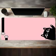 A Large Gaming Mousepad With A Pink Background And A Cute Black Cat Design. The Bottom Is Non-Slip. Suitable For Office Use, Computer Decoration, And Desktop Setup. An Ideal Choice For Gaming Mousepads. - Mouse Pad - View 2