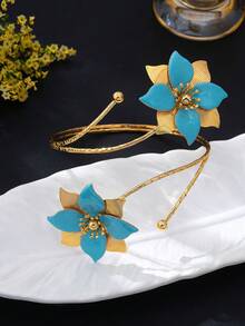 1pc Enamel Double Flower Circular Arm Cuff, Vacation Style Personalized Exaggerated Floral Arm Chain, Skin-Friendly 3D Adjustable Petal - Blue - View 4