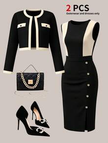 Women's Elegant 2-Piece Set, Including Cropped Cardigan Jacket And Sleeveless Button-Decorated Midi Dress, Fashionable And Elegant. - Black - View 5