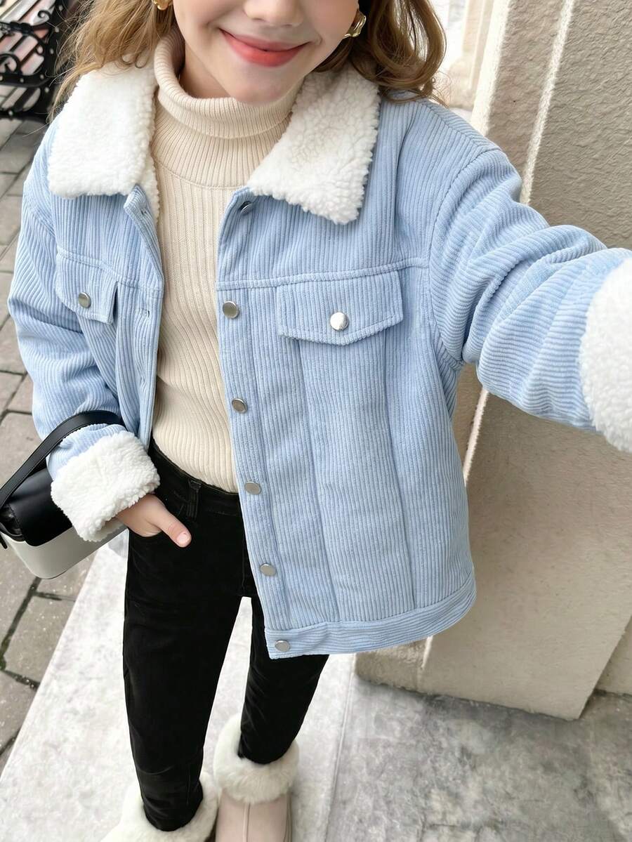 Girls' Casual Fashion Light Blue Drop Shoulder Teddy Fleece Lined Long Sleeve Jacket, Autumn/Winter - Baby Blue - View 1