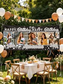 Individuelles Foto-Geburtstagsbanner, personalisierter Name & Alter Happy Birthday Hintergrund, anpassbar mit mehreren Fotos & Text, 21. 24. 30. 40. Geburtstagsparty Dekorationen für Frauen, wandmontiertes Foto-Collage Geburtstagsbanner - Verschiedenfarbig - Übersicht 6