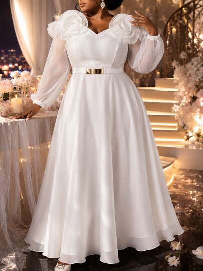 שמלת נשים AOMEI Fashion אלגנטית במידה גדולה, לבנה, משיפון, גזרה A-Line, עם דוגמה פרחונית, שקופה בכתפיים, שרוולים ארוכים, קשירה במותניים, לכנסייה, חתונה, מסיבת אורחים, מסיבת יום הולדת, חופשה ומסיבה יומיומית