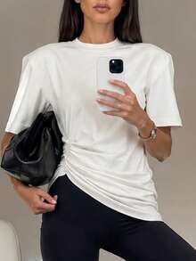 Women's White Knit Round Neck Short Sleeve Asymmetric Hem Detail Regular T-Shirt, Commuting & Casual Summer - White - View 2