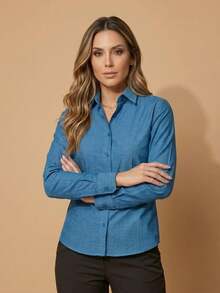 Women's Premium Linen-Style Dress Shirt, Long-Sleeved, Structured, Straight Fit, Plain Polyester With Linen Print - 靛藍牛仔褲 - 查看 4