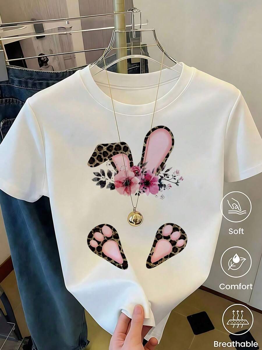 Women's White T-Shirt With Rabbit Ears And Paws In Leopard Print, Fashionable Animal Print T-Shirt, Casual Summer Blouse With Cute Bunny Design, Aesthetic And Fun Top - 霧霾藍 - 查看 1