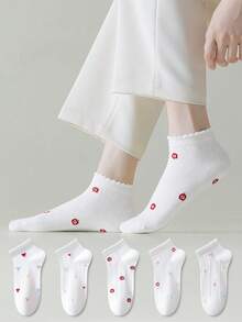ZUJO 5 pares de calcetines cortos de mujer con volantes, patrón de dibujos animados de estrella y lazo, lindos y dulces, suaves y transpirables, adecuados para uso diario en primavera, otoño y verano - Multicolor - Ver 3