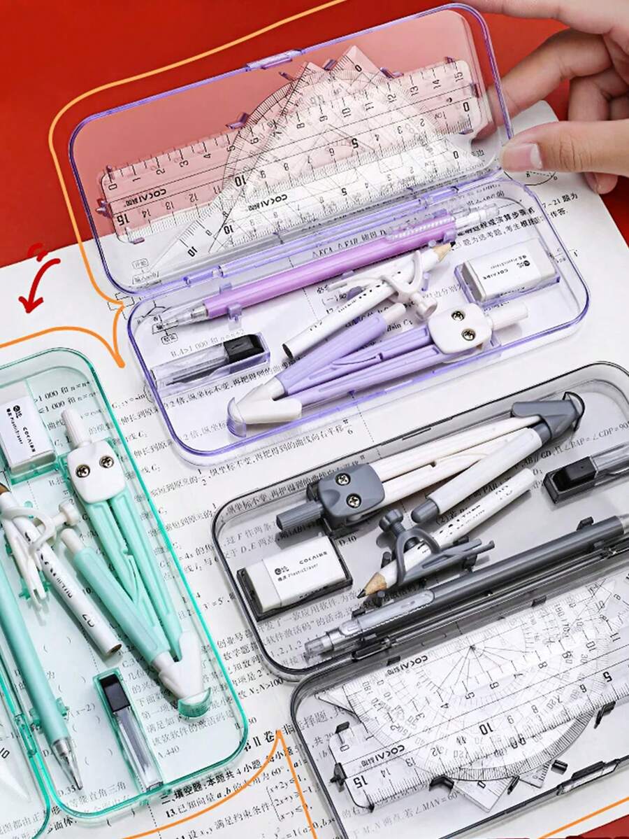 Ensemble essentiel de rentrée scolaire avec compas et règle pour étudiants, règle triangulaire, rapporteur, outils de dessin, fournitures de papeterie pour examens et apprentissage, règle de dessin professionnelle avec porte-stylo multifonction