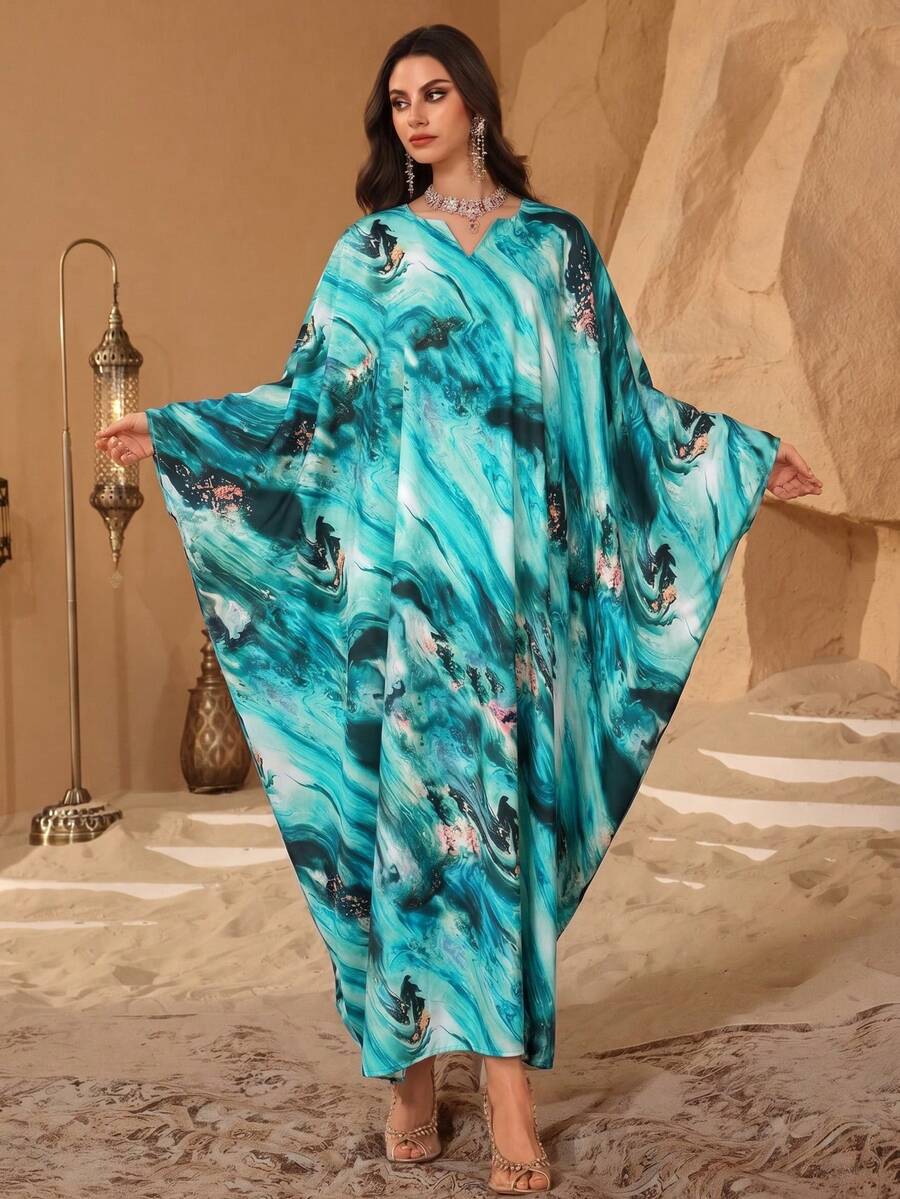 Middle Eastern Women's Arabic Style V-Neck Batwing Sleeve Long Dress ...