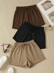 3 piezas Pantalones cortos deportivos casuales de cintura elástica y cordón de unicolor - Multicolor 3 - Ver 1