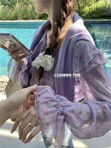 A Light Apricot-Colored Ruffled Off-Shoulder Blouse, A New Summer Style, An Irregularly Shaped Short Off-Shoulder Top. - Purple - View 4