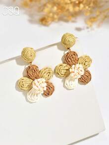 OOQ 1 par de pendientes colgantes de moda para mujer estilo vacaciones de verano, hechos a mano con flor de rafia, diseño minimalista, dulces y elegantes, color brillante dopamina, para fiesta en la playa, regalo de San Valentín, Día de la Madre y vuelta al cole para amigas (método de tejido artesanal aleatorio, puramente hecho a mano, puede presentar ocasionalmente marcas de desbordamiento de pegamento) - Café con leche - Ver 3