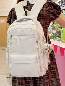 1件純色尼龍休閒學院風透明口袋字母貼布多口袋多隔層拉鍊大容量可折疊防水背包(無吊飾)適合春夏熱銷款,適合學生、校園、通勤、戶外旅行、度假禮物,可收納書本、筆袋、化妝包、化妝盒,適用於居家、送禮、度假 - 米色 - 查看 3