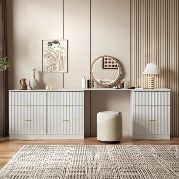 BVFUKA Modern Rotatable L Shaped Dresser, 9 Drawer Fluted Storage Cabinet With Gold Handles
