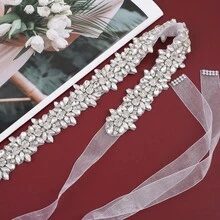 1pc Luxury Bridal Handmade Rhinestone Beaded Waistband Belt For Wedding Party - Sliver Applique+Organza White Ribbon - View 4