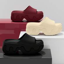 Women's All-Season EVA Wavy Thick Sole Slide Sandals, Home Casual Wear Solid Color Melting Design Minimalist Height-Increasing Slip-On Slippers - Black - View 4