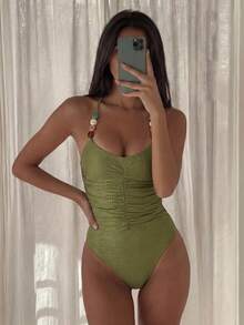 Women's Elegant Solid Color Halter Backless Cross-Tied Beaded Ruffle Textured Bust Pleated Waist One-Piece Swimsuit Vacation Beach Summer - Green - View 4