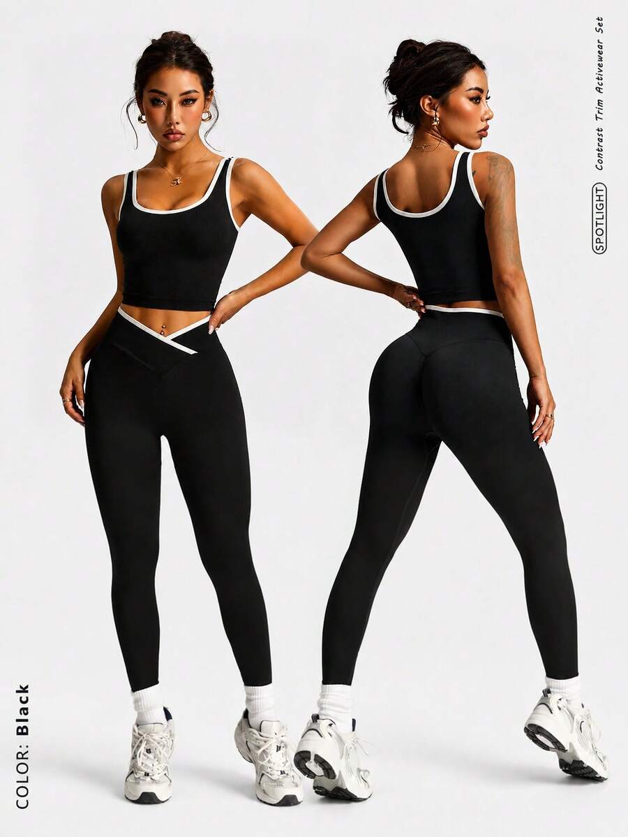 1 Set Pakaian Olahraga Hitam Tanpa Jahitan, Tanpa Lengan dan Tanpa Punggung, Lembut & Nyaman, Pas di Badan, Cocok Untuk Olahraga, Lari, Santai, Yoga, Musim Panas dan Gugur - Hitam - View 1