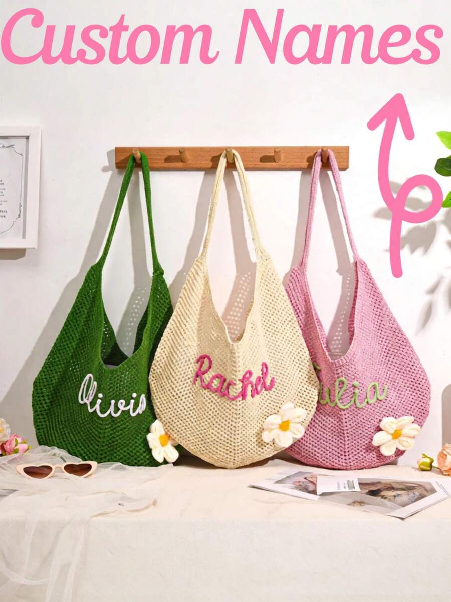 Personalized Handmade Crochet Beach Bag, Bride Bridesmaid Gift Bag, Travel Beach Bag, Wedding Favor, Best Friend Party Gift, Beach Bag