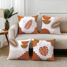 4 pièces Housses de coussin orange et marron avec motif de feuilles botaniques géométriques, imprimées sur un seul côté en velours de peau de pêche doux pour la peau, housses de coussin 45*45CM convenant pour la décoration intérieure, la décoration de fête, les housses de coussin décoratives en cadeau - Multicolore - Voir 1