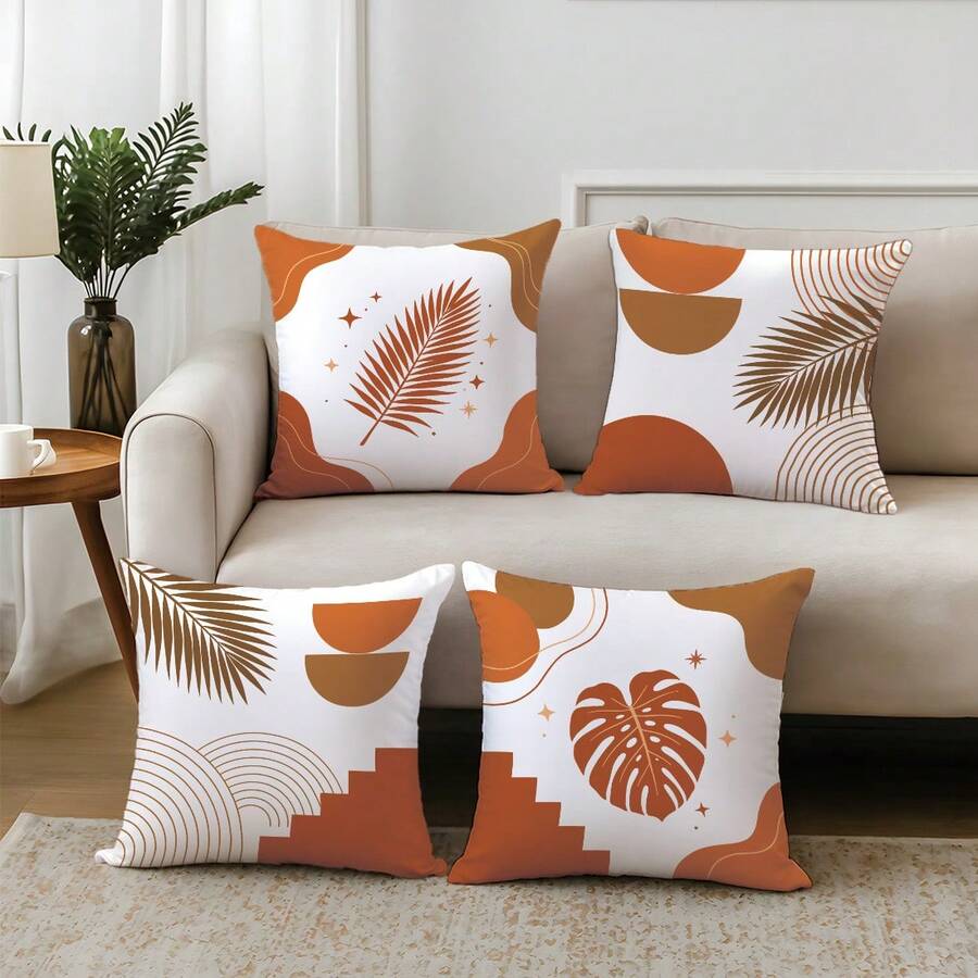 4 pièces Housses de coussin orange et marron avec motif de feuilles botaniques géométriques, imprimées sur un seul côté en velours de peau de pêche doux pour la peau, housses de coussin 45*45CM convenant pour la décoration intérieure, la décoration de fête, les housses de coussin décoratives en cadeau - Multicolore - Voir 1