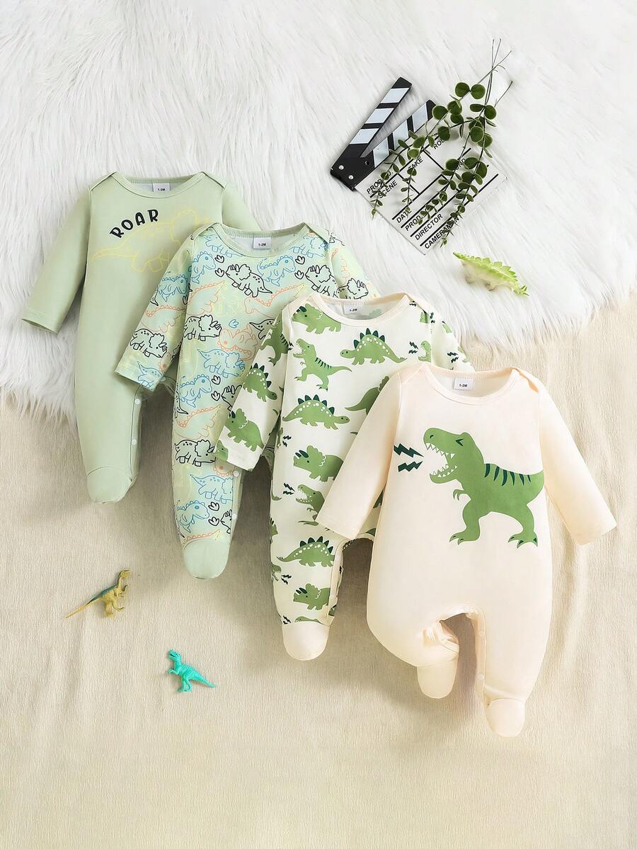 4pcs Newborn Simple Fashion Cute Dinosaur Print Footie Pajamas, Suitable For Baby Boys And Girls - Green - View 1