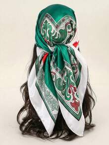 1 pieza Pañuelo cuadrado de 90*90cm con estampado de fútbol de la Copa del Mundo de Brasil para mujeres, bandana de satén para fans de deportes - Verde - Ver 2