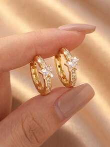 1 Pair Gentle Luxury Style Exquisite Sparkling Five-Point Star Main Diamond Full Inlaid Fine Zirconia Stone Rim Star Hoop Earrings, Delicate Earrings For Women Suitable For Commuting, Dating And Daily Wear - Star - View 4