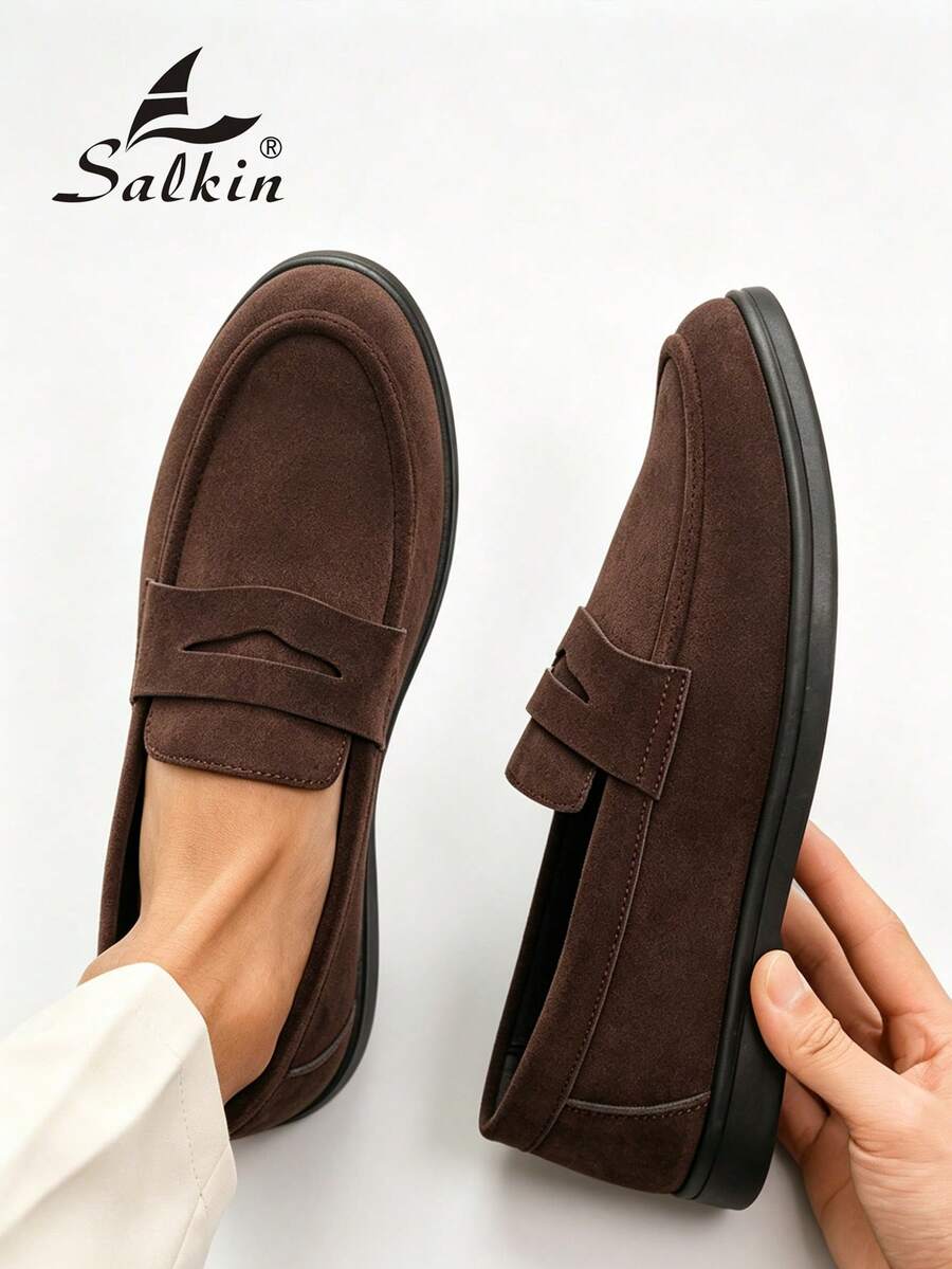 Salkin 經典設計師男士莫卡辛純色麂皮套腳便士樂福鞋，柔軟皮革紳士商務社交鞋，男士日常辦公派對休閒鞋，情侶約會浪漫晚餐開學季學生校園風，請選擇大一號